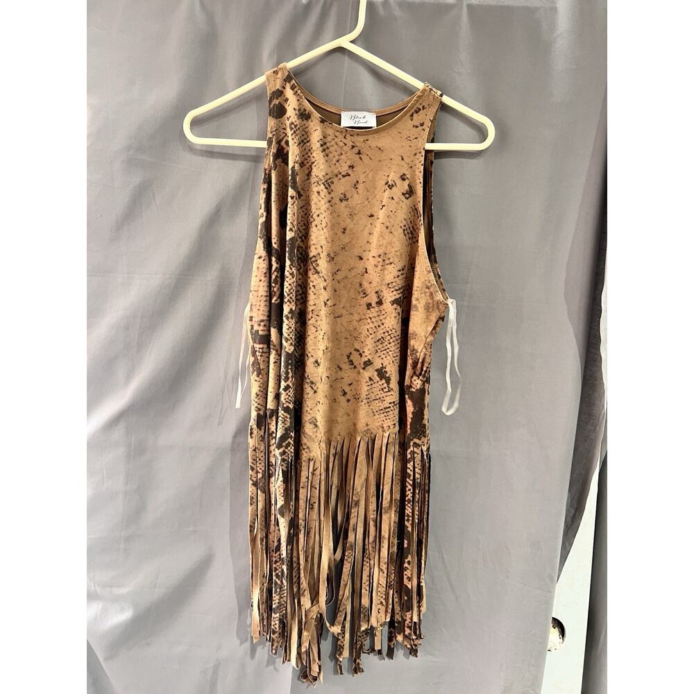 faux suede fringe top Made By Black Bead Size L TG2118 Boho INDIE Grunge